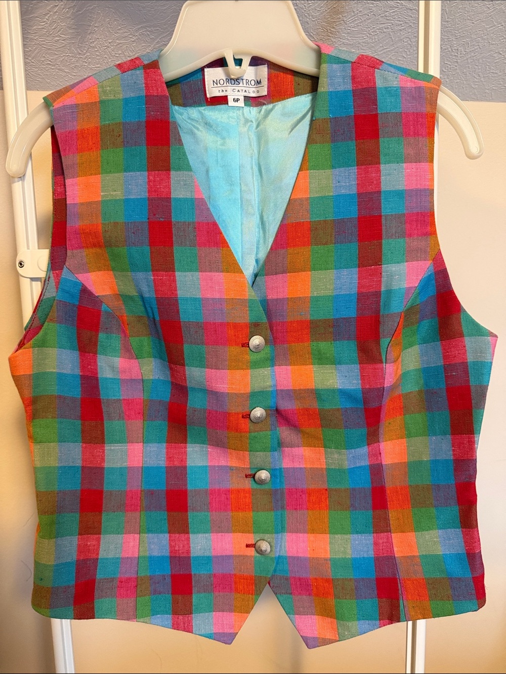 Nordstrom multicolor check linen blend vest - size 6P - VINTAGE